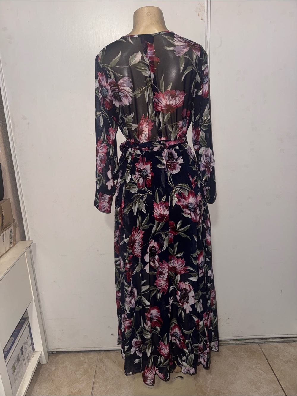 Black Floral Wrap Maxi Dress with Pink Blooms and Tie Waist - Picture 8 of 10